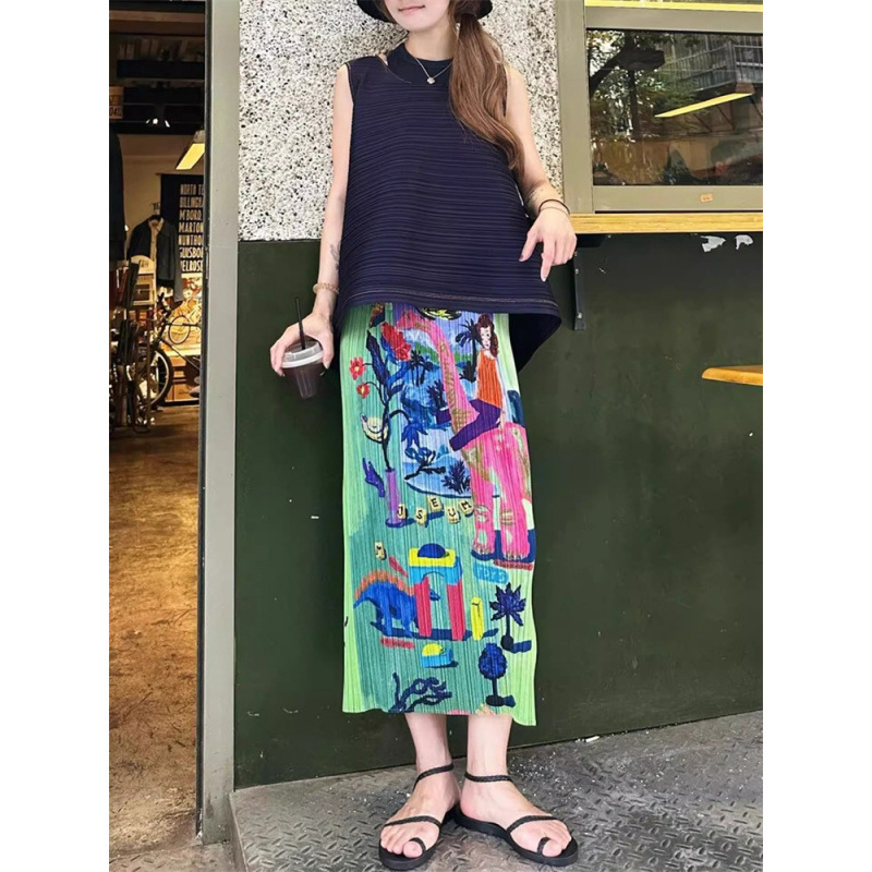 2025 Summer Fashion Casual Versatile Vacation Travel Slim Fit Printed Slit Ruched Skirt
