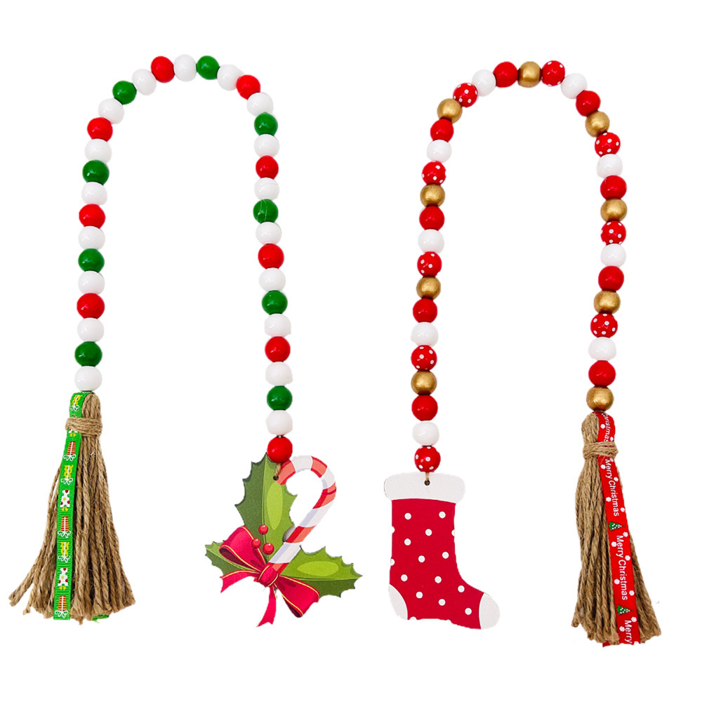 Picture of Christmas Wooden Beads Hemp Rope Tassel Beads Christmas New Wooden Pendant Wooden Ornaments Tray Decoration