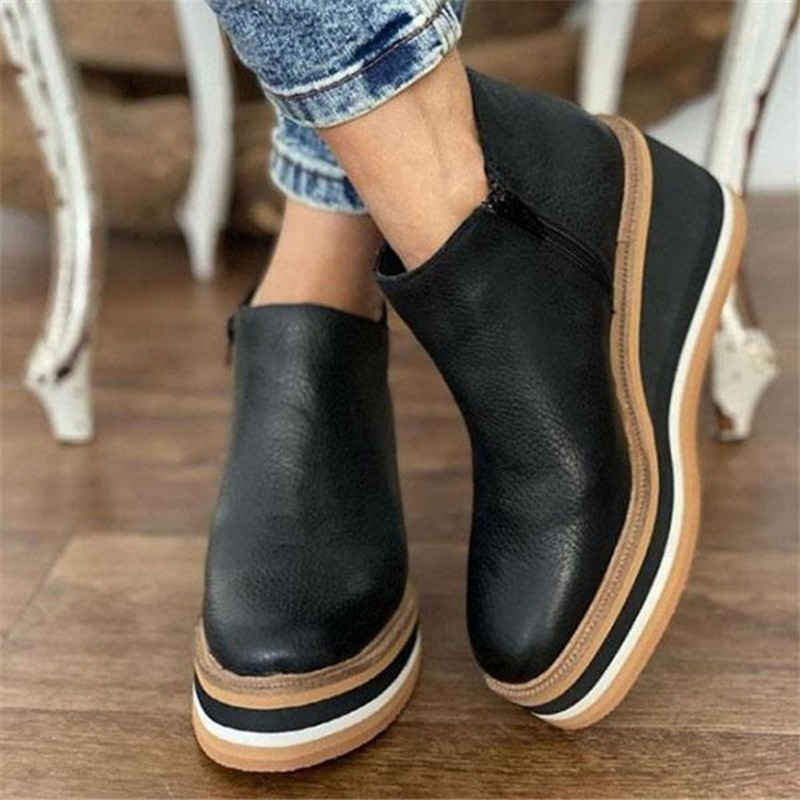 European and American Foreign Trade plus size Wedge Thin Short Boots Women's Autumn and Winter New Side Zipper Middle Heel Leather Naked Boots wish Supply