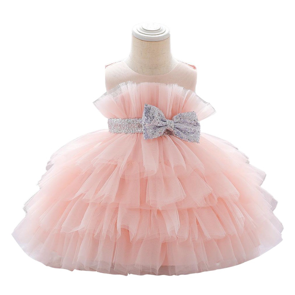 Baby One Year Old Dress Girl Baby Puffy Dress Bow dress European and American Mesh Cake Princess Dress