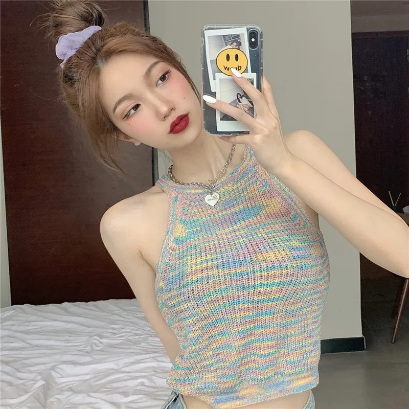 Sweet Color Hanging Neck Crewneck Outer Wear Knitted Vest Women's 2023 Summer New Shoulder Sleeveless Base Shirt Top