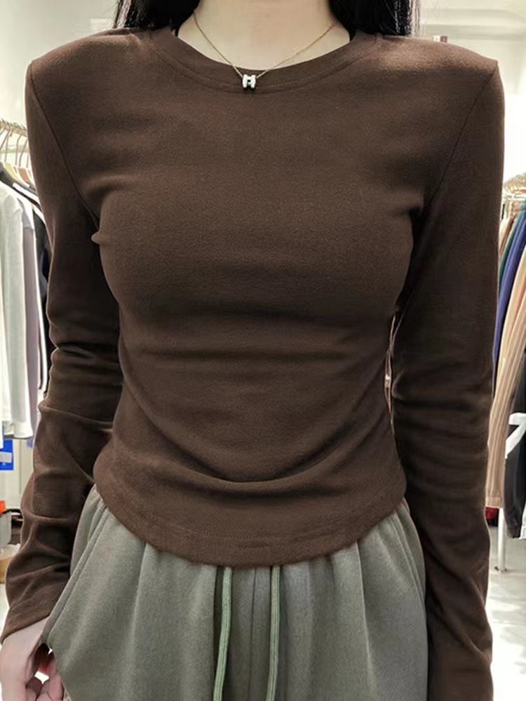 Long-sleeved T-shirt Women's Cotton Autumn and Winter New Korean Style Slim-fit Curved Hem U-collar Base Shirt Top for Women