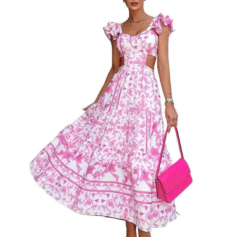 2025 European and American Spring New Independent Station European and American Women's New Shoulder Pad Flying Sleeve Printed Hollow New Long