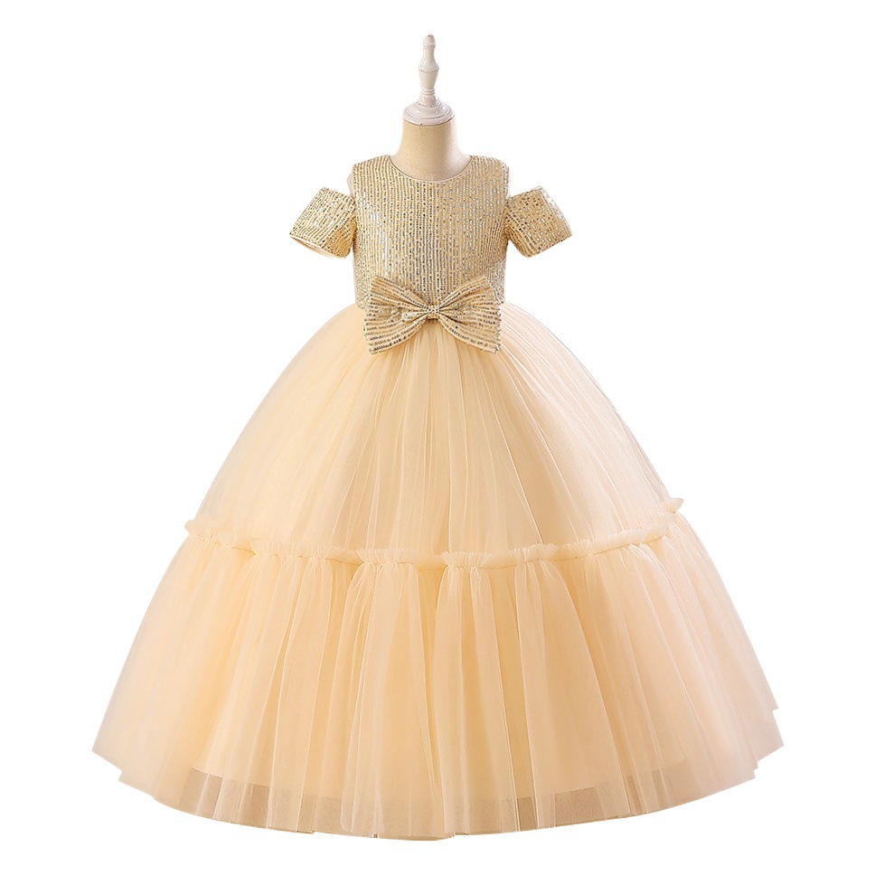 Cross-border New Girls' Dress Princess Dress Fine Shiny Piece Bow Mesh Pontoon Skirt Large Children's Piano Dress