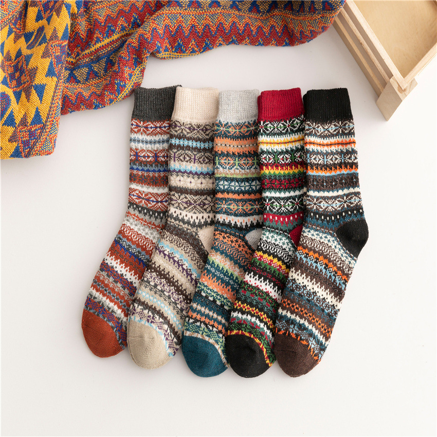 Men's two-way ethnic style socks mid-tube socks autumn and winter thick line and line warm thick wool socks