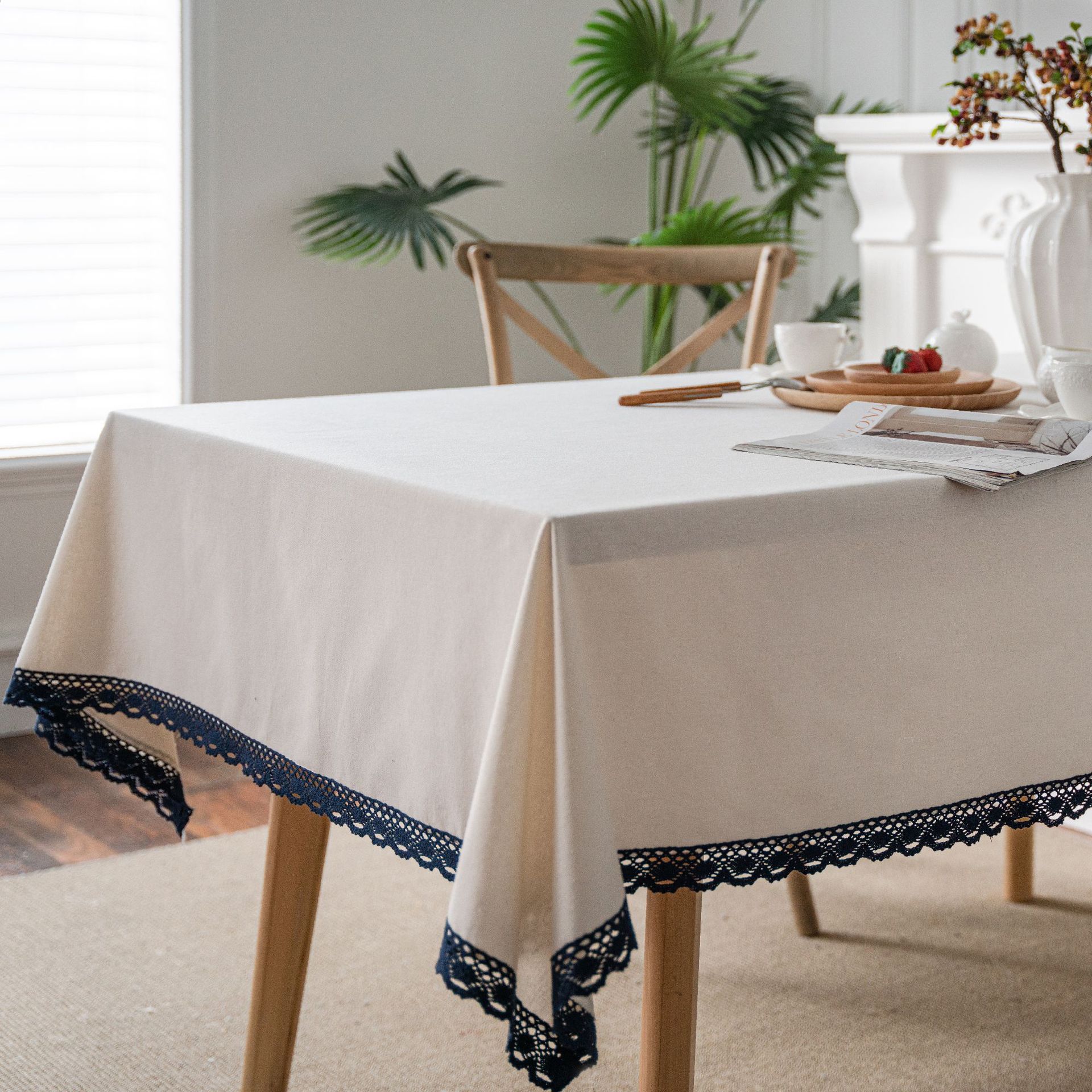 Picture of Yiman Qiyun Navy Blue Plum Blossom Printing Pastoral Cotton and Linen Tablecloth Tablecloth Wholesale Household Cover Towel Lace