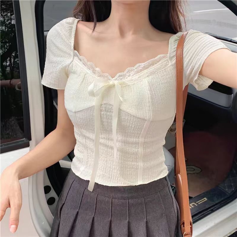 [Original fabric] Summer French V-neck revealing collarbone sexy pure short short sleeve new lace lace