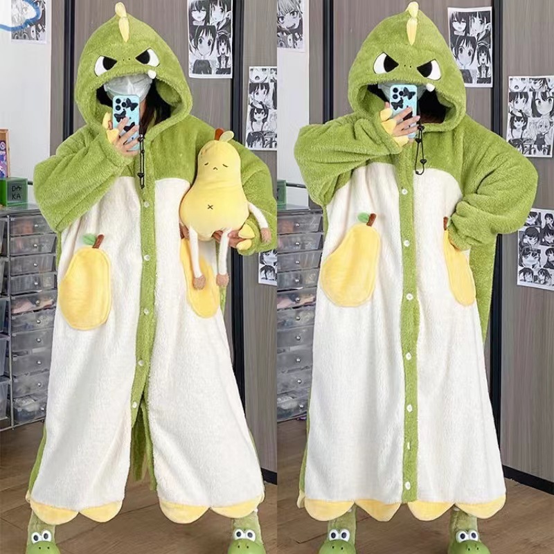 Coral fleece home wear dinosaur pajamas women thickened cartoon cute couple nightgown winter plush nightdress animal one-piece