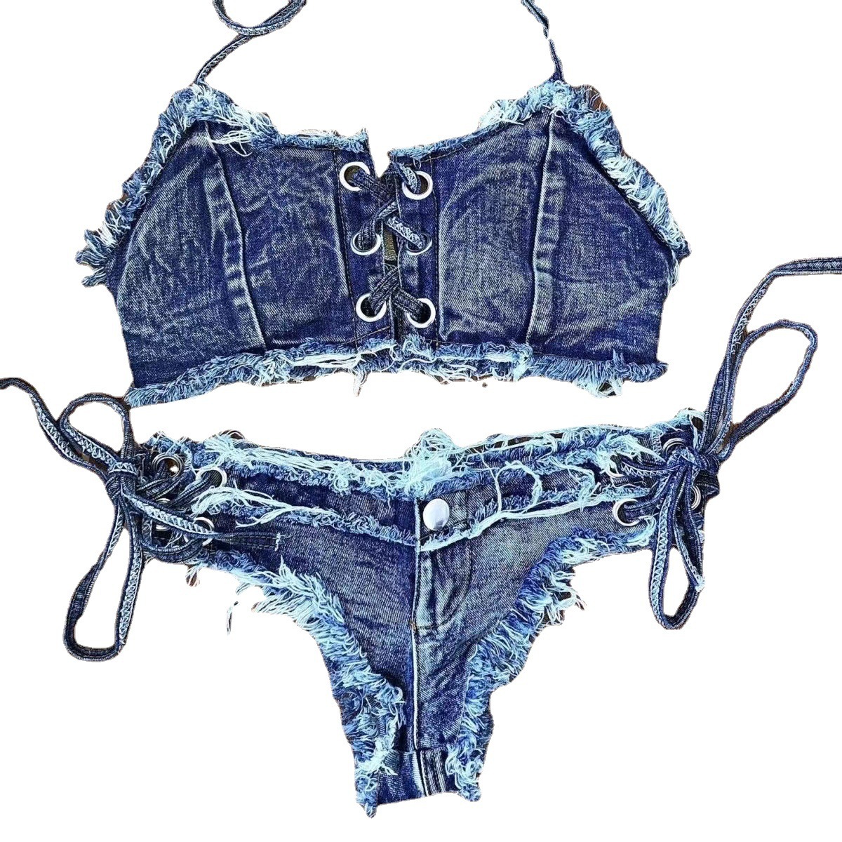 Picture of Vintage Hong Kong Style Denim Bikini Pure Desire Spice Girl Split Swimsuit Women's Sexy Strap Beach Holiday Swimsuit Photo