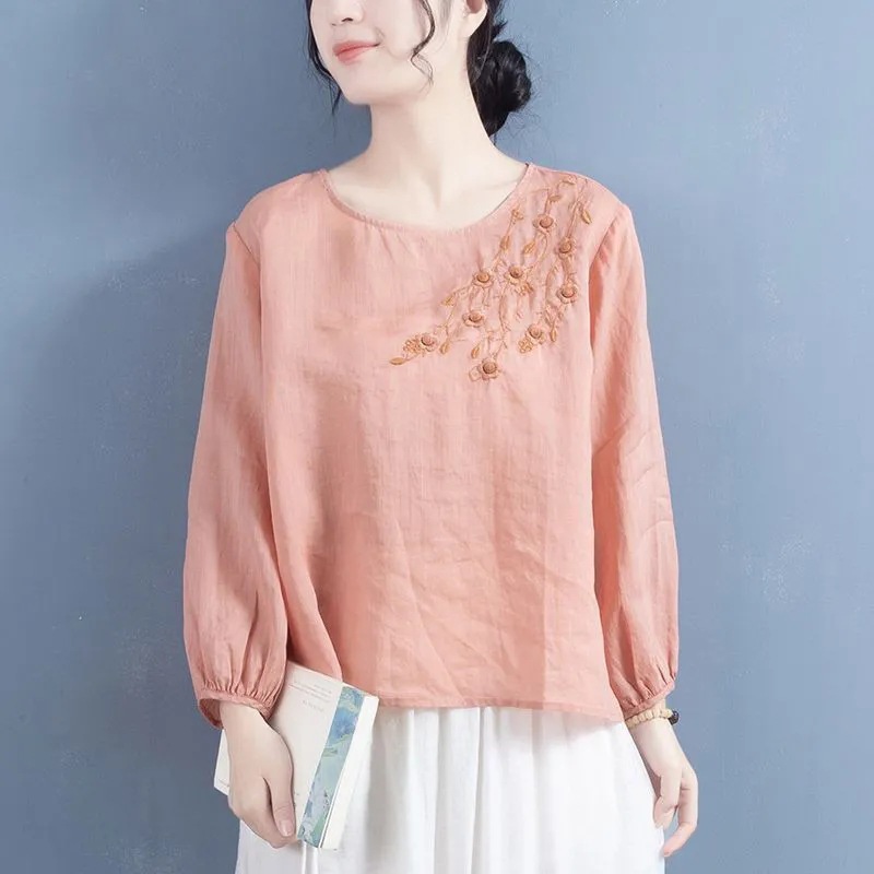 Artistic Retro Long Sleeve Shirt Women's plus size 2024 Spring and Autumn New Loose Slim Shirt Chinese Style Embroidered Top