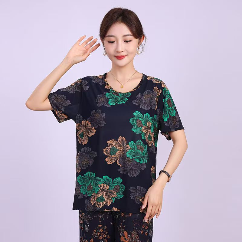 Picture of Middle-aged summer short-sleeved women's T-shirt mother outfit for the elderly loose elastic casual round neck plus size ice silk wholesale