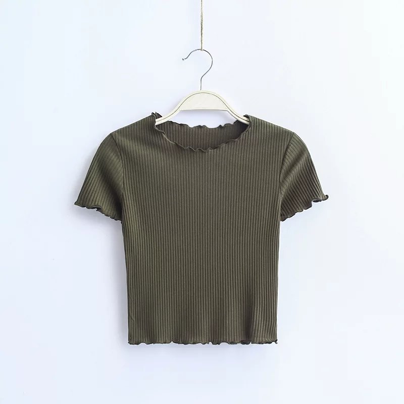 Picture of 2025 Spring and Summer New European and American Style Fashion Retro Fungus Edge Slim Short Short-Sleeved T-Shirt Tops for Women