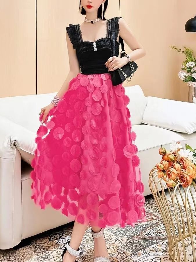 Amazon Skirt Women's 2025 High Waist Slim Design Mid-Length Embroidered Polka Dot Three-Dimensional Veil Skirt