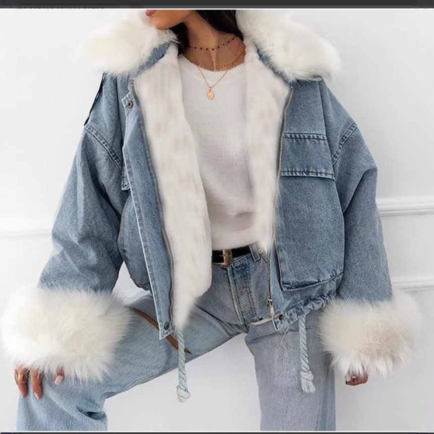 Plush denim jacket plush collar washed white Denim jacket fur autumn and winter women's clothing