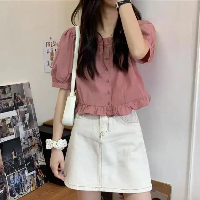 Picture of Short-Sleeved Women's New Spring/Summer 2022 Cute Casual Elegant Puff Sleeve Short Ruffled Square Neckline Top Ins
