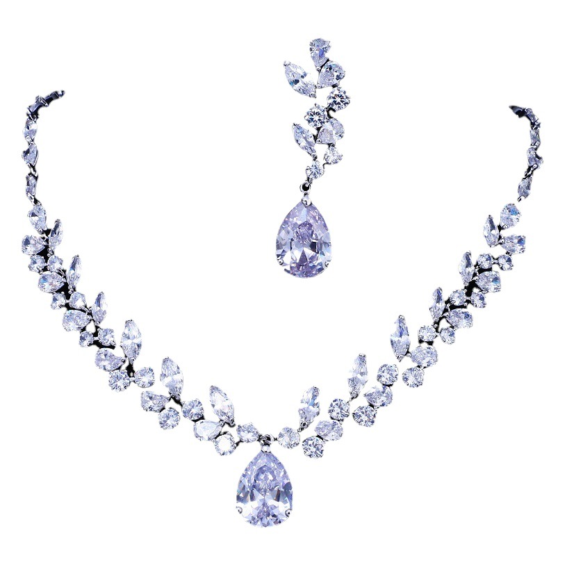 wish Cross-border Bride Two-piece Design Sense Big Water Drop Zircon Necklace Earrings Set Female Factory Wholesale First