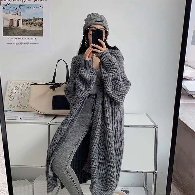 Autumn and Winter Korean Style Lazy Style Mid-length Coarse Wool Sweater Coat Women's Loose Long-sleeved Knitted Cardigan Thickened