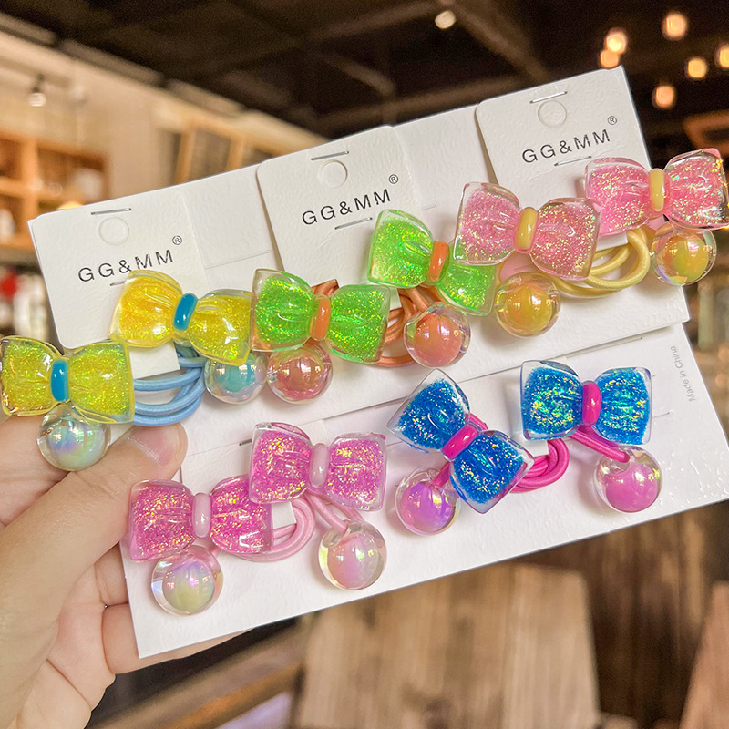 Korean-style Fluorescent Colorful Bow Hair Rope Children's Cartoon Hair Accessories Beads in Beads Around Girls Rubber Tendon Headline Headwear