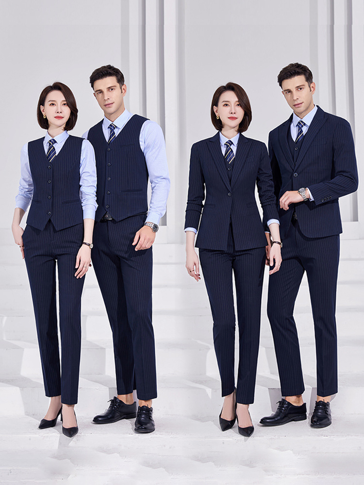 High-end blue striped suit vest suit men's and women's business manager white collar elegant suit formal wear Hotel workwear
