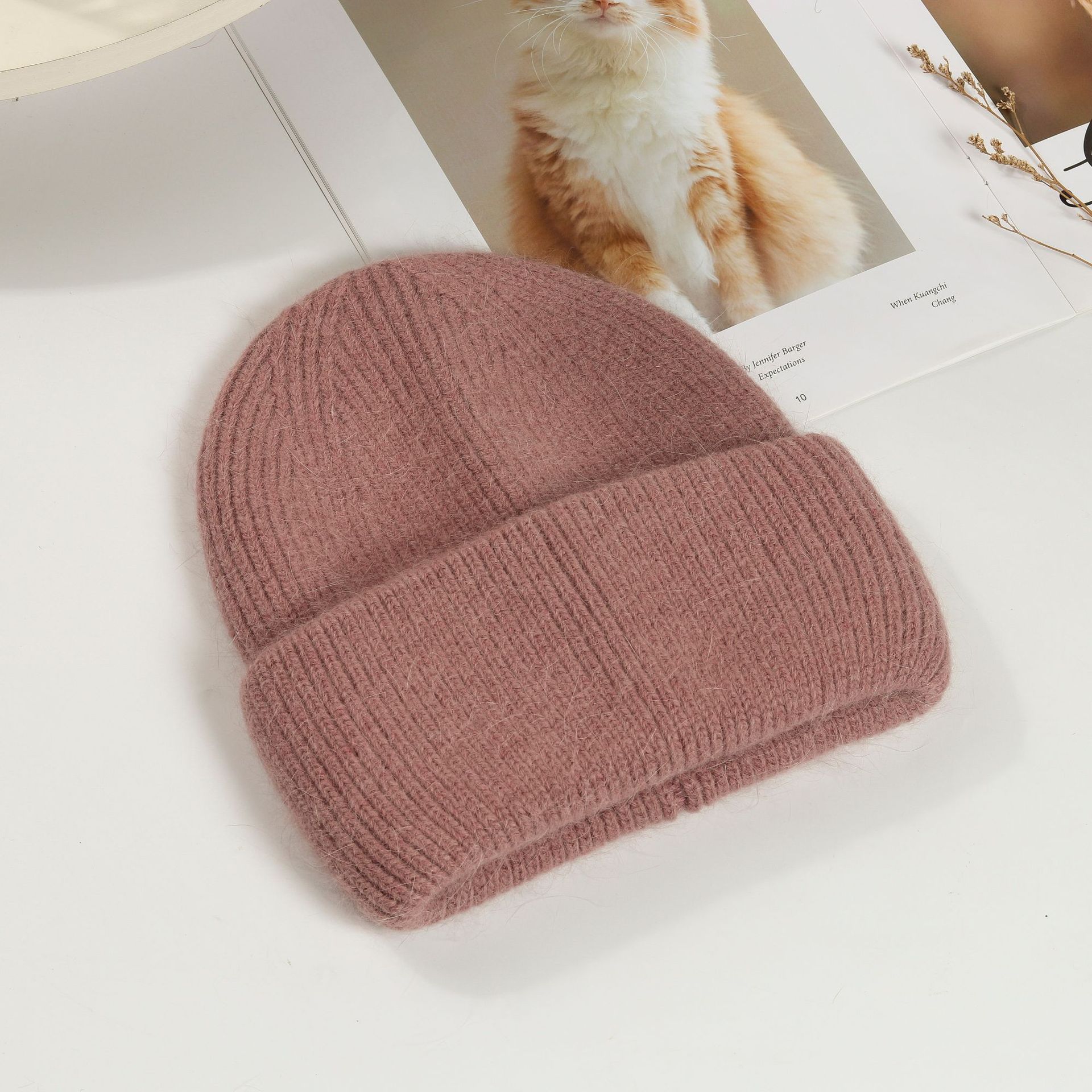 Picture of Korean Winter Knitted Hat with Large Brim for Women, Windproof Pullover Round-Top Adult Rabbit Fur Wool Hat