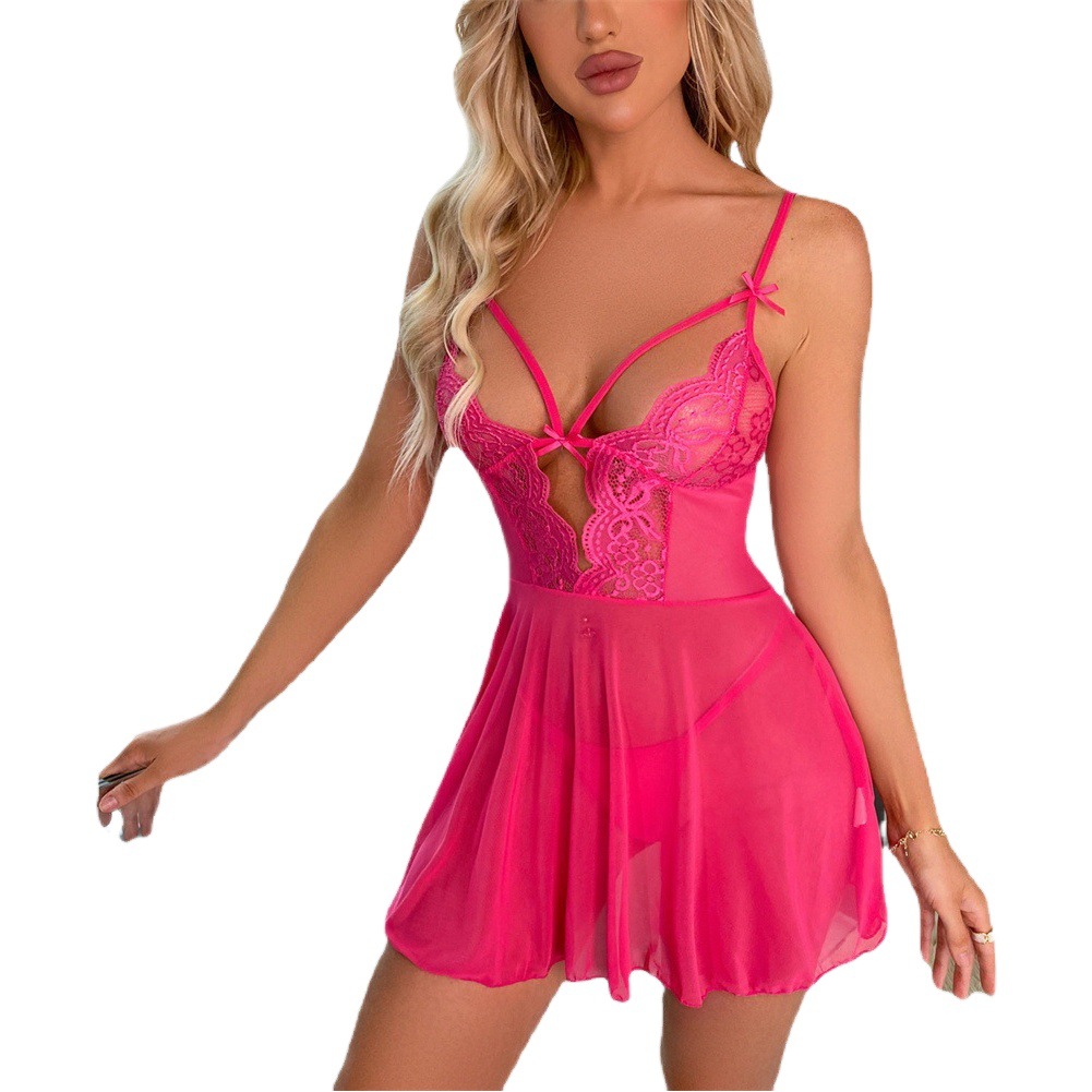 AliExpress Amazon Europe and the United States gathered suspenders sexy lace edge sexy pajamas with thongs two-piece women's in stock