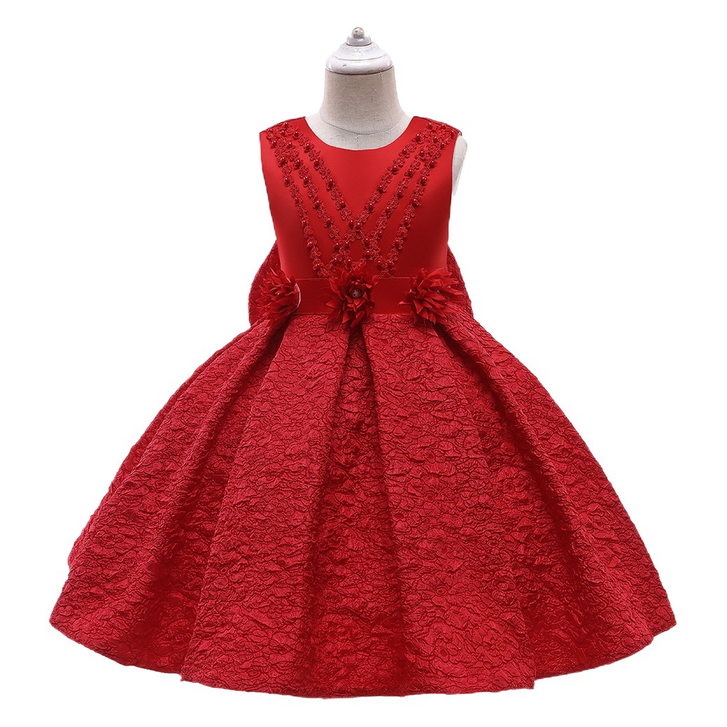 Aliexpress Wholesale Children's Dress 2025 European and American New Birthday Banquet Performance Satin Beaded Girls Dress Princess Dress