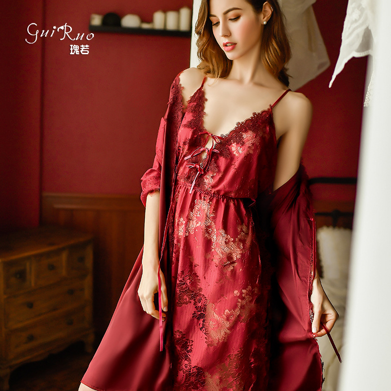 Guiruo Brand Sexy Pajamas Side Slit Bathrobe See-Through Lace Nightgown Bathrobe Home Wear Large Size Suit 311