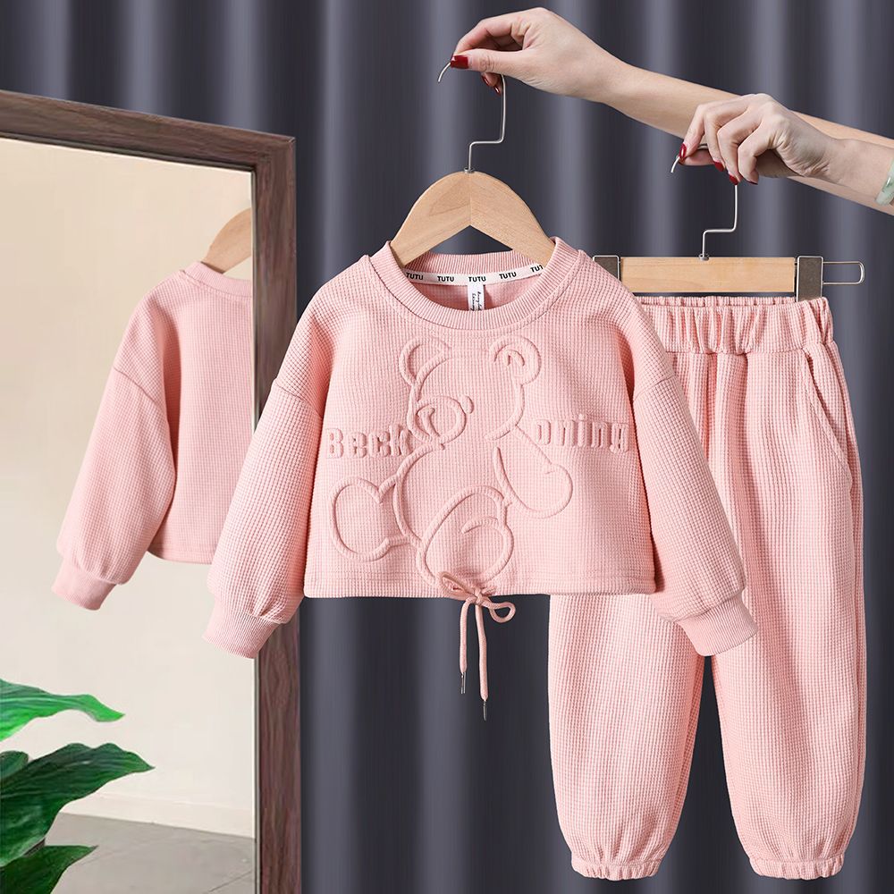 Girls Korean Style Bear Sweatshirt Set 2024 Spring and Autum New Style Kidsren's Style Cartoon Sweatshirt and Pants Two-Piece Set
