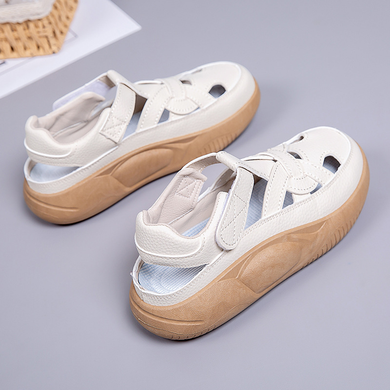2025 Explosions Summer Velcro Women's Thick-soled Sandals Hollow Soft-soled White Shoes Breathable Sports Casual Shoes for Women