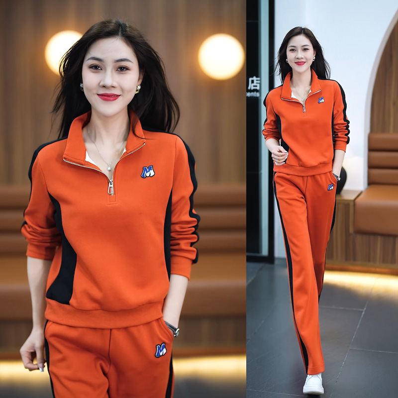 Casual Sports Suit for Women Spring and Autum 2024 New Fashionable Slim Stand-Up Collar Sweatshirt Wide-Leg Pants Two-Piece Set