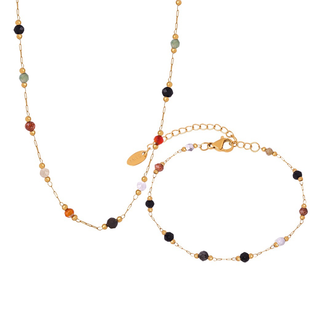Picture of Minimalistic Fashion Niche Personality All-match Geometric Jewelry Mix and Match Natural Stone Beaded Design Titanium Steel Jewelry suit
