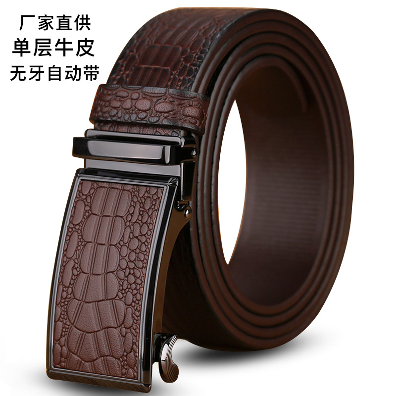 Leather Belt Men's Wholesale Leather Business Toothless Automatic Belt Men's Crocodile Pattern First Layer Cowhide High-end Trouser Belt genuine goods