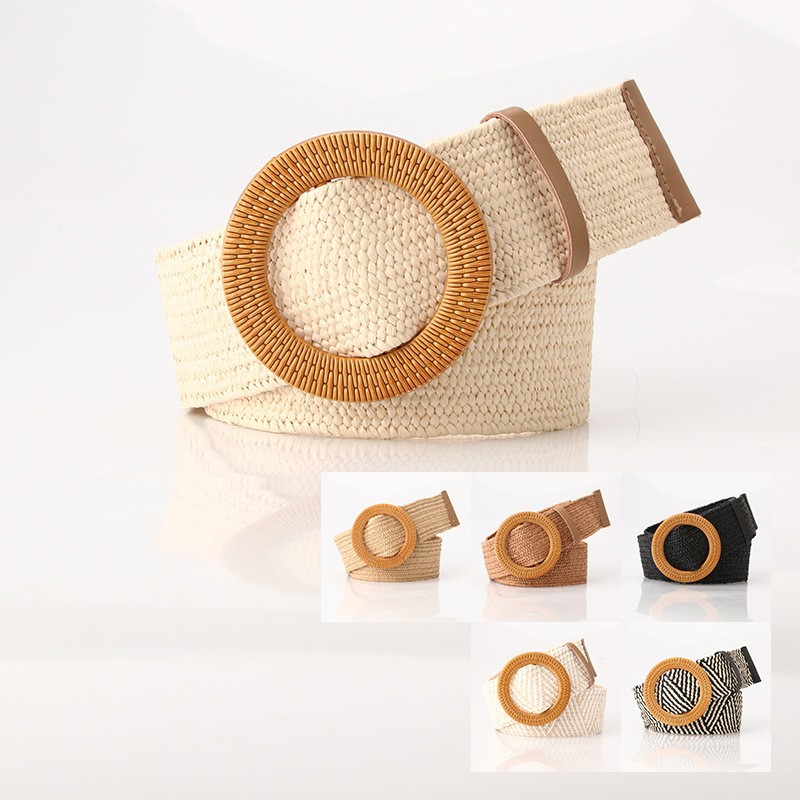 Cross-Border New Pp Straw Woven Women's Elastic Belt with Personalized Large Plastic Buckle Versatile Dress Elastic Waistband