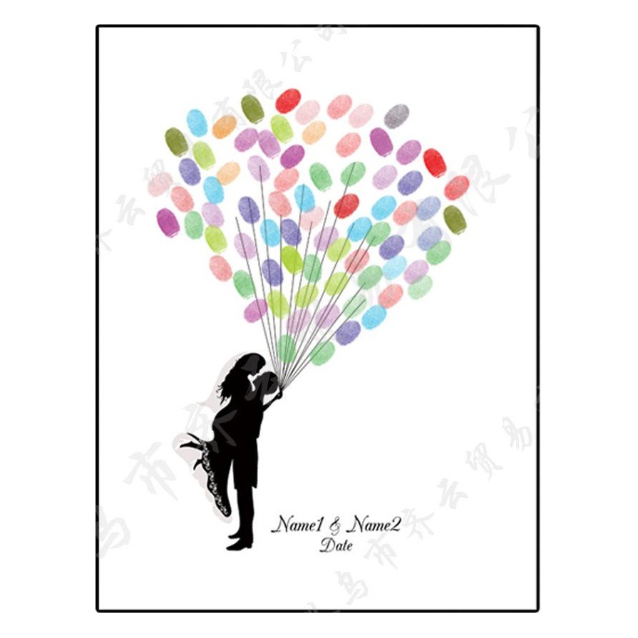 Custom Bride and Groom Name Date European Wedding Bride and Groom Silhouette Fingerprint DIY Sign-in Painting HK028