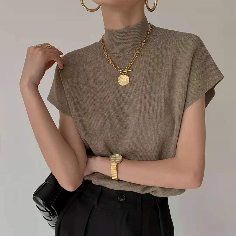 Korean Style Half Turtleneck Waistcoat Knitted Vest Women's Loose Casual T-Shirt 2025 Summer New Short Short-Sleeved Top