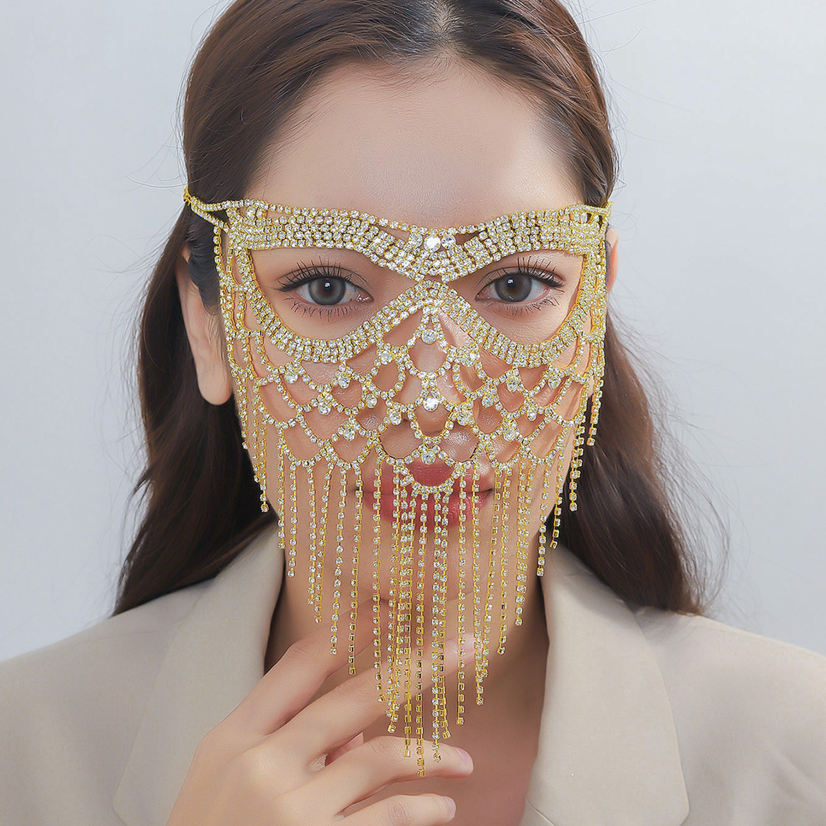 Dingka Cross-Border Jewelry Geometric Cut Out Tassel Rhinestone Eye Mask Luxury Shiny Prom Mask Face Curtain Wholesale