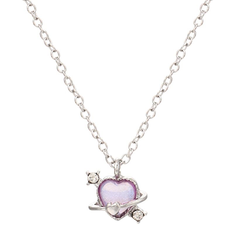 Creative Heart Love Planet Necklace Female Ins Niche Design Accessible Luxury Sweet Pink Rhinestone Heart Clavicle Chain