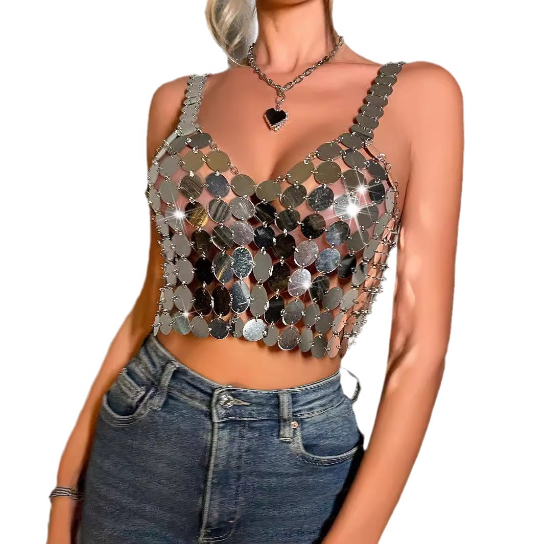Picture of 2023 European and American Foreign trade silver sequins monochrome backless sexy sequined shiny women's vest top Y8067
