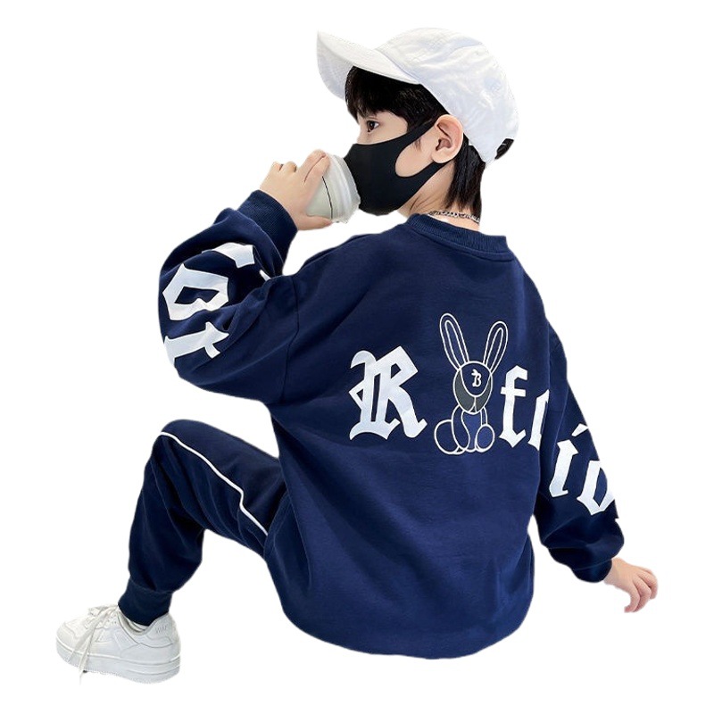 Boys Korean Style Western Suit 2024 Spring & Fall New Korean Style Fashion Cartoon Letter Top Casual Pants Two-Piece Set
