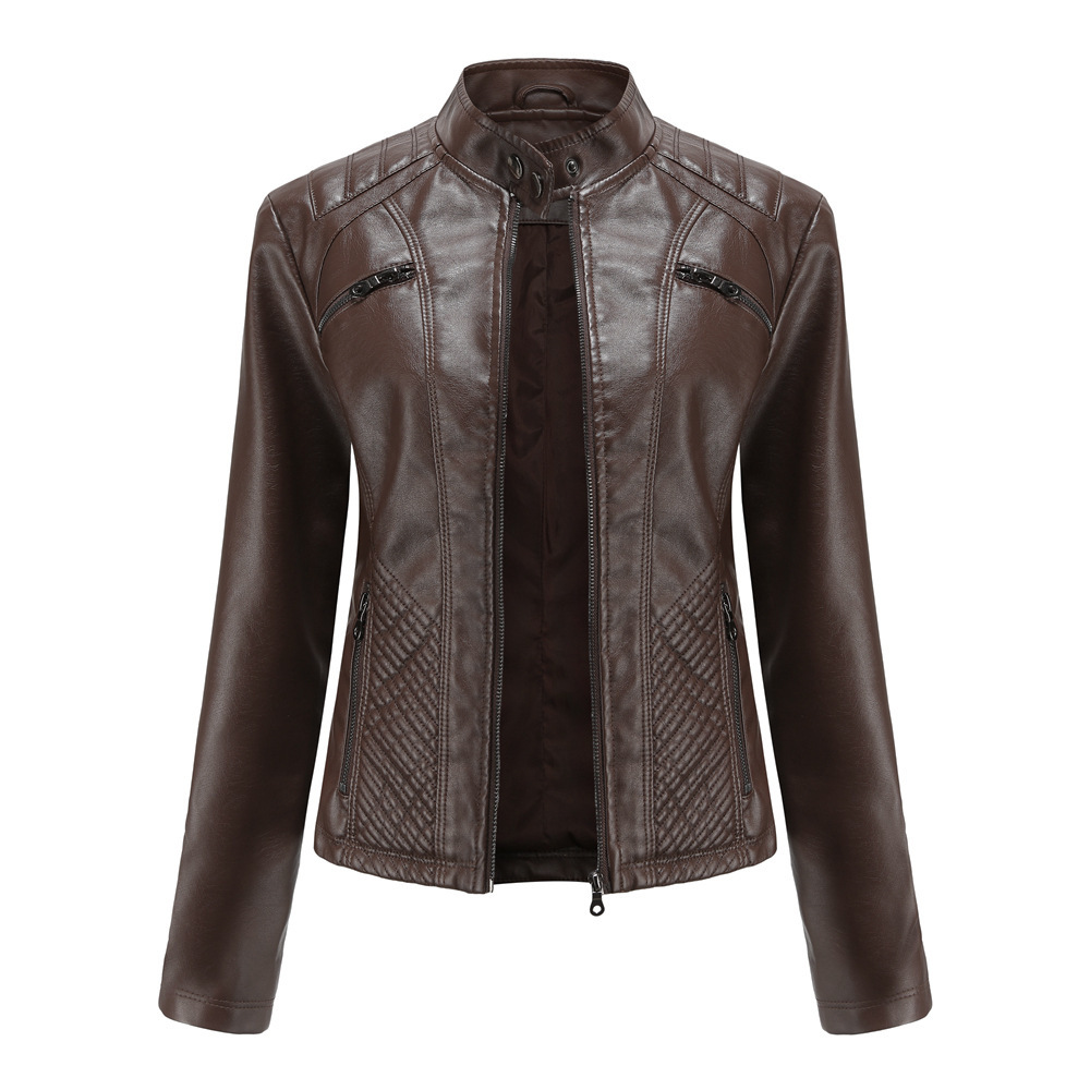 Picture of New Women's Casual Leather Collar Jacket European and American Slim-fit Jacket Women's Spring and Autumn Solid Color Women's Leather Jacket