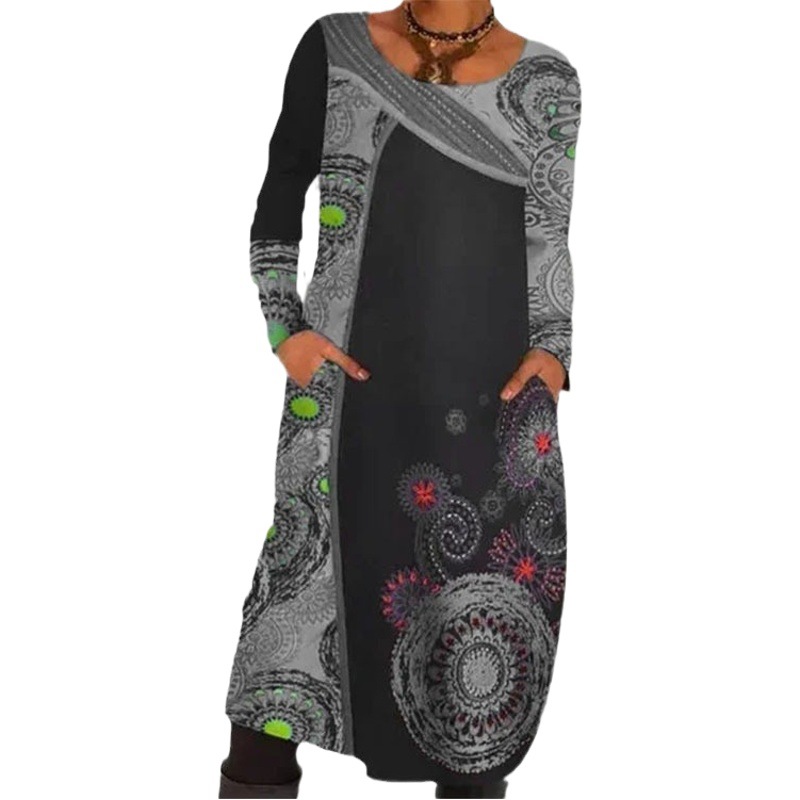 Europe and the United States cross-border independent station wish best selling 2021 autumn and winter pullover printed ethnic style dress dress skirt