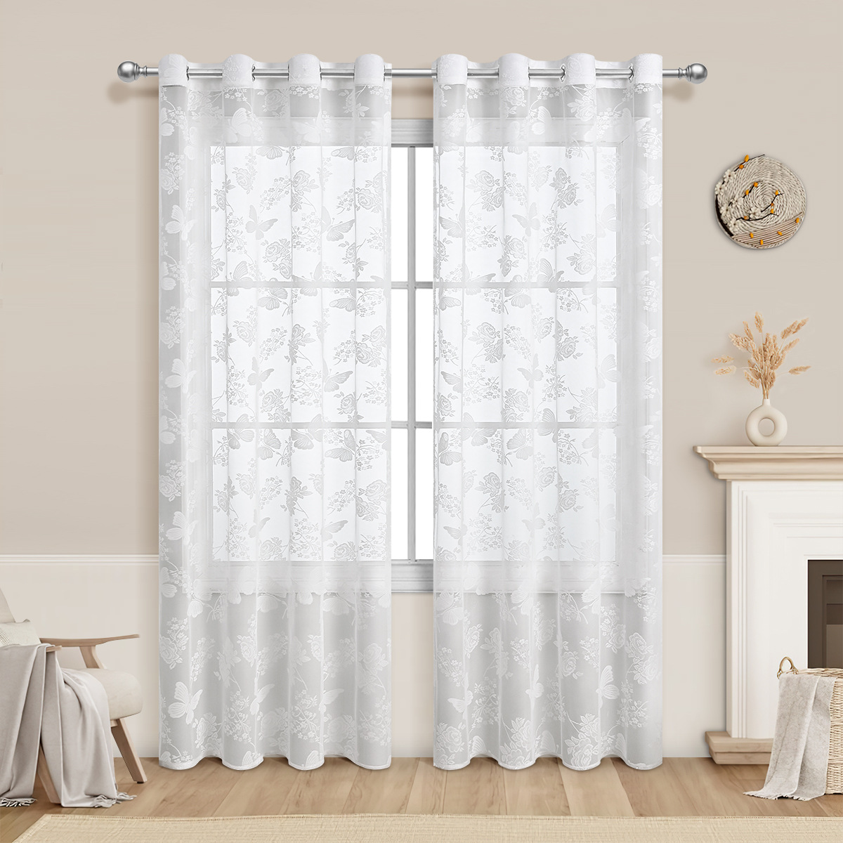 Picture of TEMU in stock window screen generation cross-border butterfly love flower white lace window screen SHEIN semi-shading finished curtain