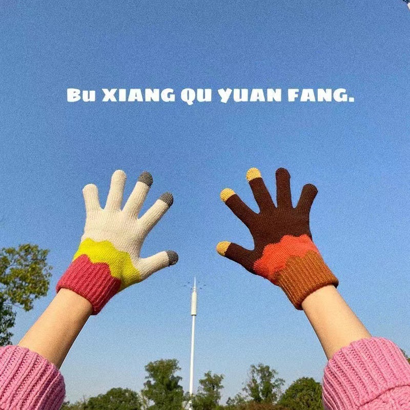 Contrast Color Warm Student Wool Touch Screen Gloves Winter Korean Knitted Cute Cartoon Color Velvet Cycling Couple