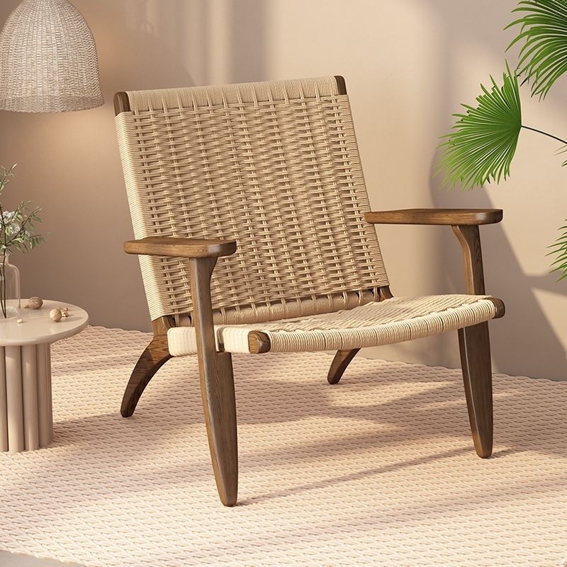 Picture of Nordic Solid Wood Single Sofa Chair Saddle Rattan Chair Balcony Leisure Hemp Rope Armrest Backrest Lazy Chair Outdoor