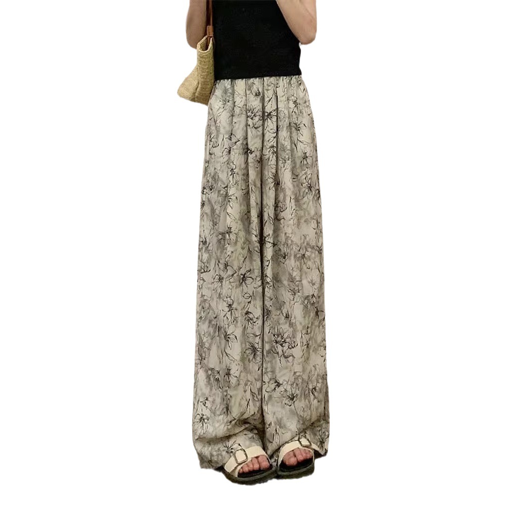 Ink and Wash Tie-Dye Wide-Leg Pants Women's Summer Thin High Waist Dagging New Chinese Style Lazy Casual Cool Ice Silk Pants