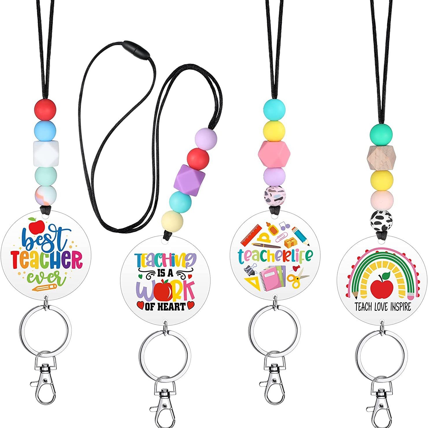 4 PCs teacher lanyard graduation thanks inspirational gift silicone beads beaded lanyard acrylic keychain lanyard