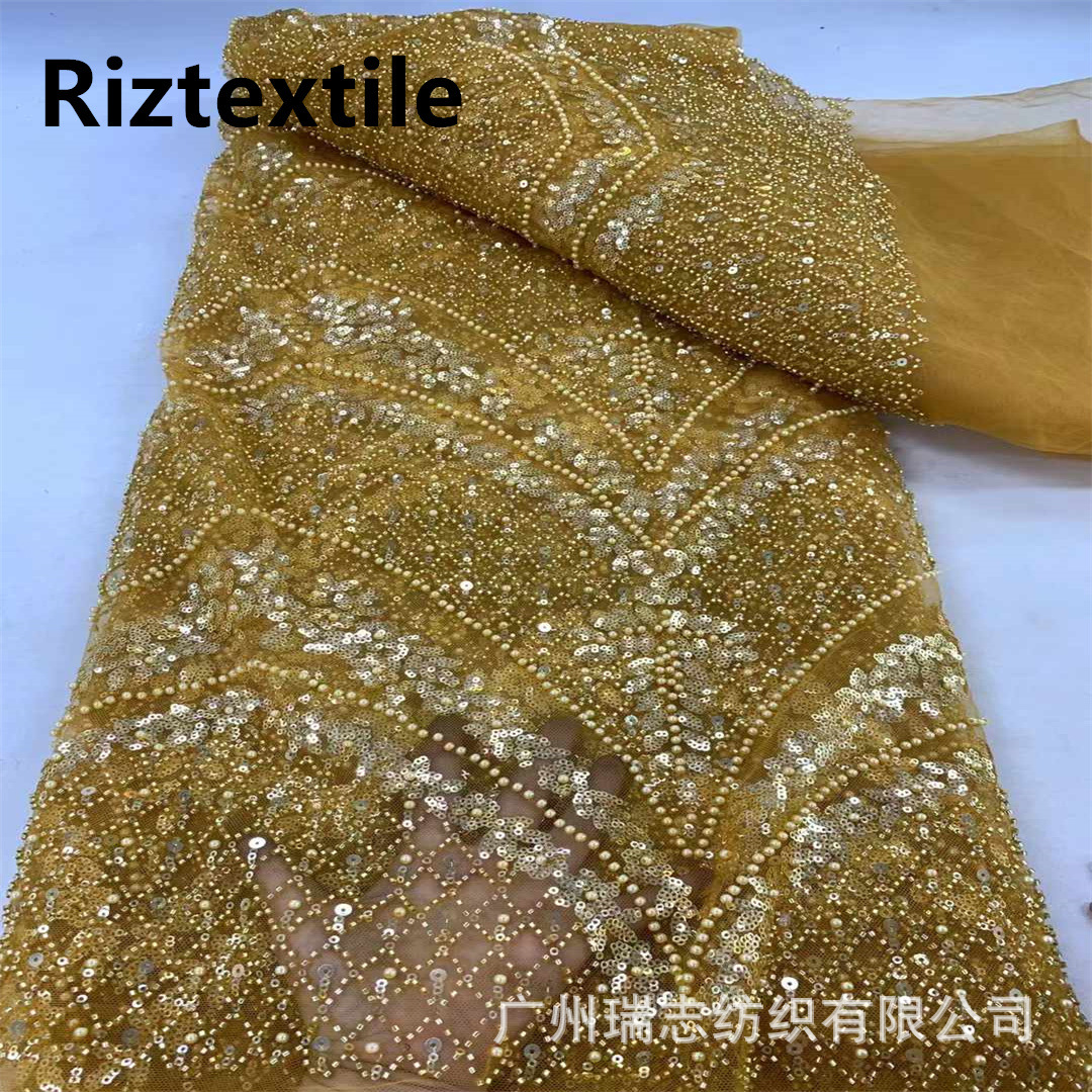 Wedding Dress Lace New Handmade Beaded Silver Sequin Embroidered Mesh Embroider Lace Fabric in Stock