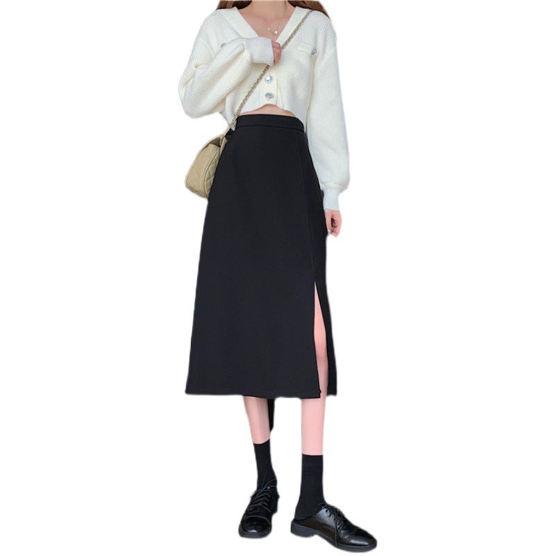 Irregular Split Half-length Skirt Spring and Summer New Ins Super Fairy Slimming High Waist Mid-length A- line Skirt Black Long Skirt