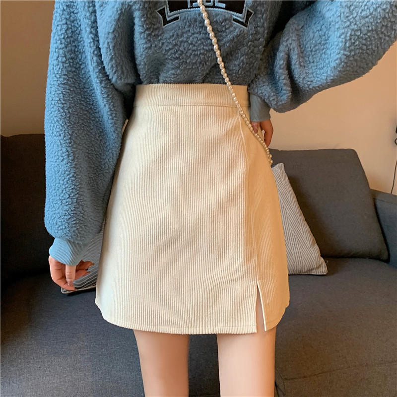 Picture of Women's Skirt 2022 Autumn and Winter New High Waist Corduroy Split Skirt Slimming Anti-running A- line Hip Skirt