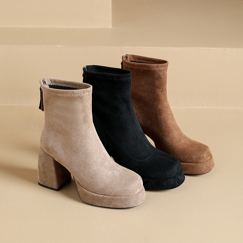Suede Slim Boots Women's Short Boots 2025 Autumn and Winter New High-Heeled European and American Elastic Boots High-End Elegant Elastic Boots